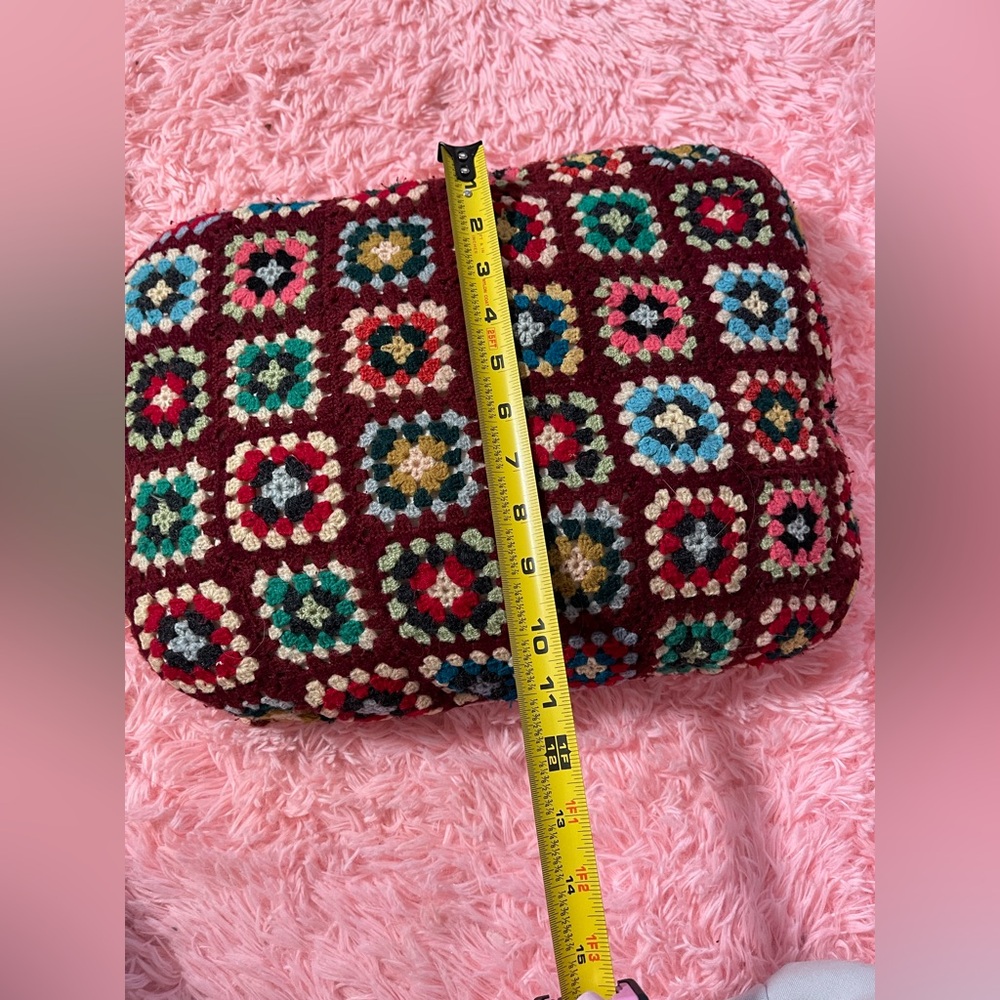 Vintage Handmade Crochet Granny Square Pillow Boho Burgundy Multicolor - Picture 3 of 7